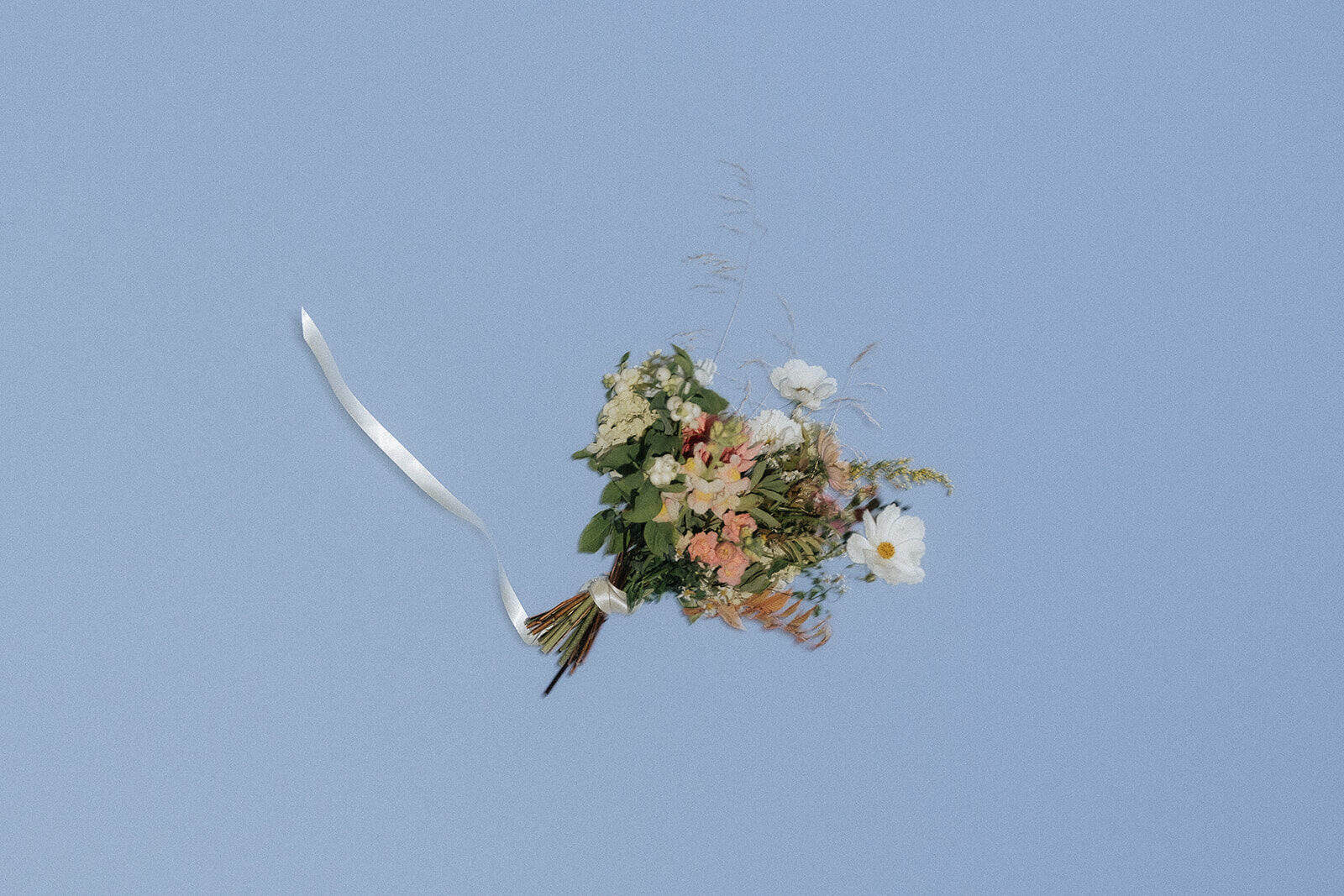 Blomstert bouquet med hvit og rosa blomster på blå bakgrunn.