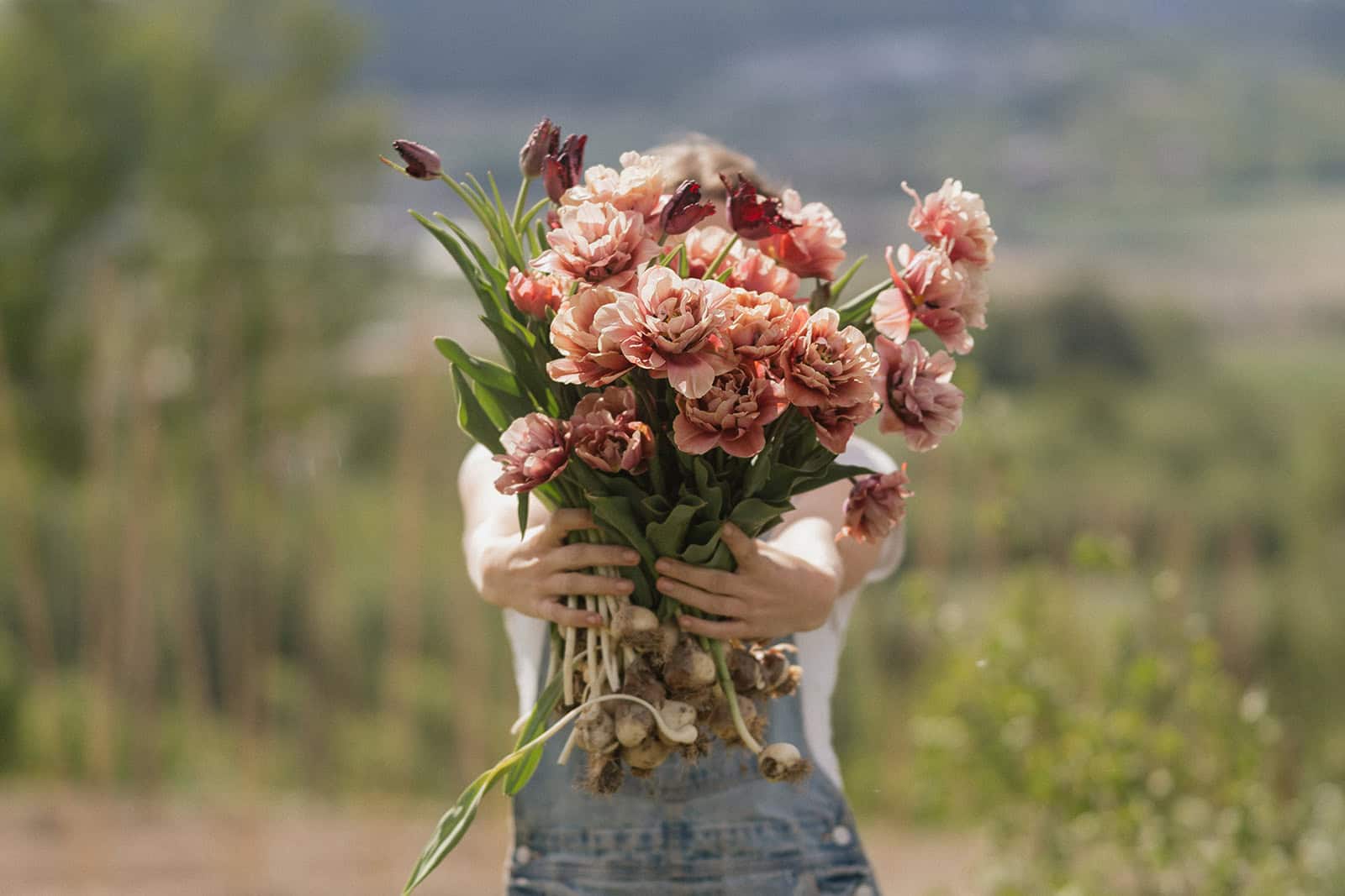 Person holder en bukett med rosa blomster i et utendørs landskap.